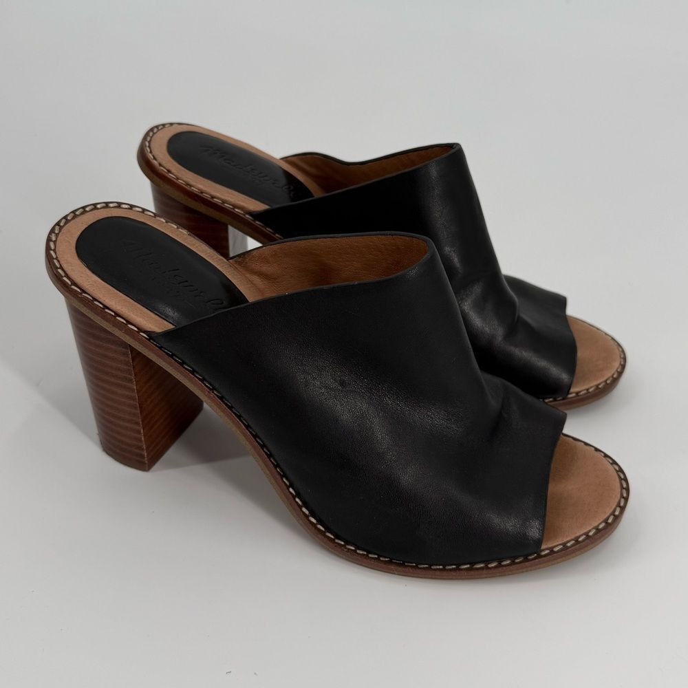 Madewell The Finch Leather Mule Block Heel Slide Sandal in Black | Size 8